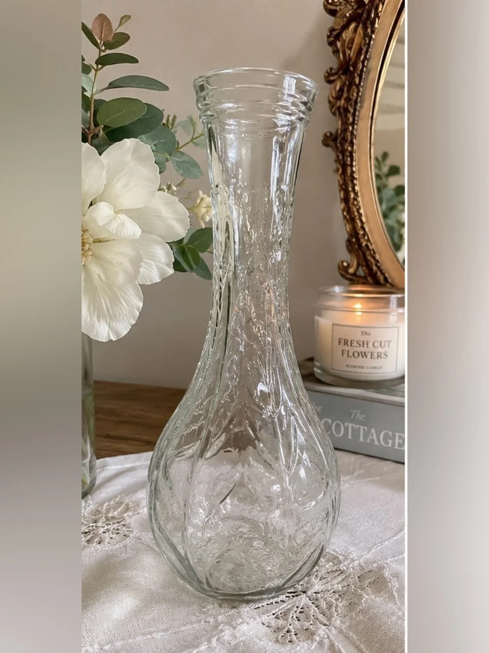 Vintage FTD Glass Vase 9” Floral Vine Pattern Clear Art Glass Vase